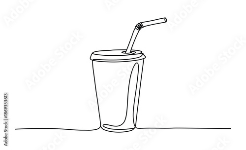 Disposable cup with drinking straw continuous one line drawing minimalist illustration beverage container design