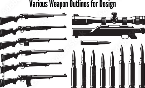 Collection of Diverse Rifle and Ammunition Outlines for Graphic Design