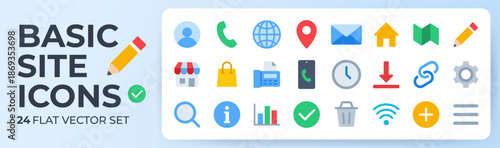 Web and communication flat icon set. User, phone, mail, location, home colorful vector illustrations. Vibrant solid shapes for contact us, basic ui, search, settings, app navigation and menu design