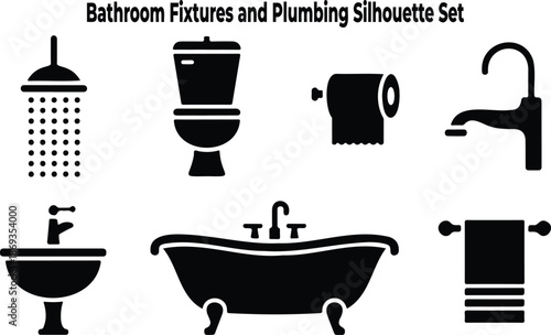 Collection of Essential Bathroom Fixtures and Plumbing Items in Silhouette Form