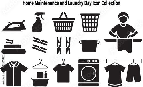 Essential Household Laundry Maintenance Icons Black Silhouette Collection
