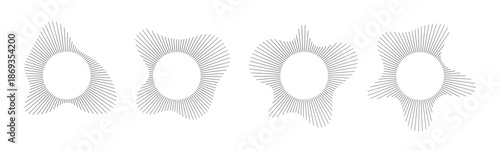 Circular sound visualization with radial wave line pattern vector set. Abstract audio spectrum ring geometric burst shape. Music equalizer graphics with concentric line elements for modern design.