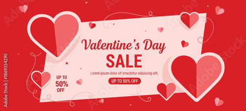 Valentines day sale banner, romantic red pink hearts background, up to fifty percent off promotion, modern flat vector marketing design