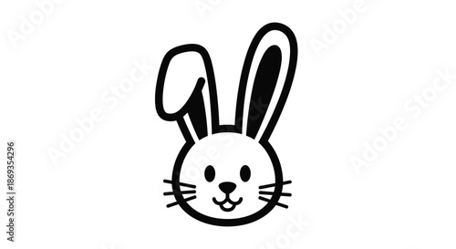 Simple and cute black and white illustration of a smiling rabbit face with long ears and whiskers on a white background.