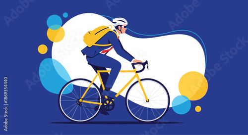 Determined businessman in a blue suit with a yellow backpack and helmet riding a bicycle on a stylized blue background.