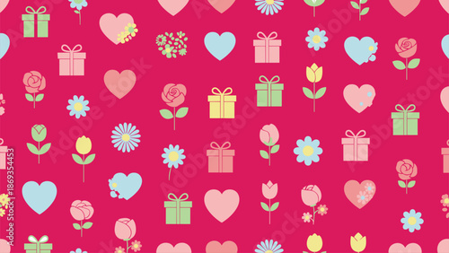Valentines day seamless pattern, cute hearts flowers gift boxes, colorful romantic love elements, pink background flat vector design