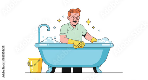 Smiling man wearing yellow gloves cleaning a blue bathtub with a sponge and soapy bubbles on a white background.