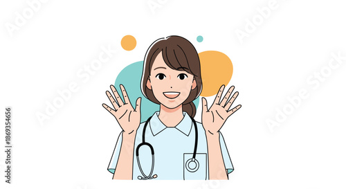 Friendly and cheerful young nurse in a light blue uniform with a stethoscope around her neck waving with both hands.