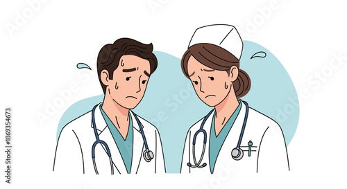 Male and female medical professionals looking down with worried and sad expressions while sweating from stress or fatigue.