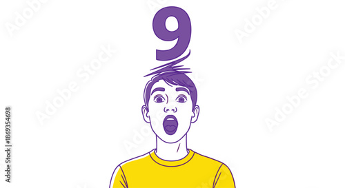 Surprised young boy in a yellow shirt looking upwards with a large purple number nine floating above his head.