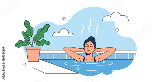 Peaceful young woman relaxing in a clear blue swimming pool with her hands behind her head on a calm summer day.