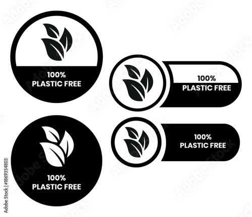 100 Percent Plastic Free Label and Icon Set with Zero Waste, Eco Friendly and Sustainable Packaging Badges in Black Line Flat Vector Style Isolated on White Background.