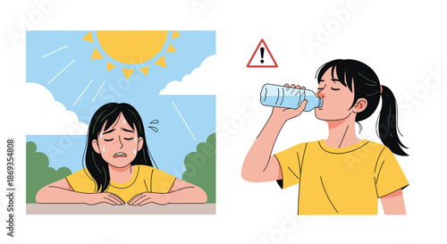 Comparison illustration showing a girl suffering from heatstroke under a hot sun and another girl drinking water to stay hydrated.
