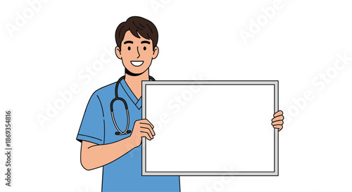 Friendly male medical professional in blue scrubs smiling while holding a large blank white sign for custom text on white background.