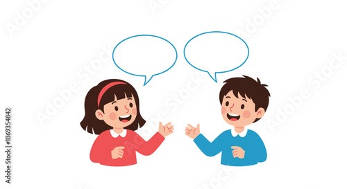 Two young children, a girl and a boy, having a cheerful conversation with empty blue speech bubbles above them on white background.