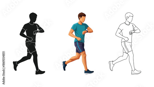 Man running while checking a smartwatch shown in color, silhouette, and outline styles