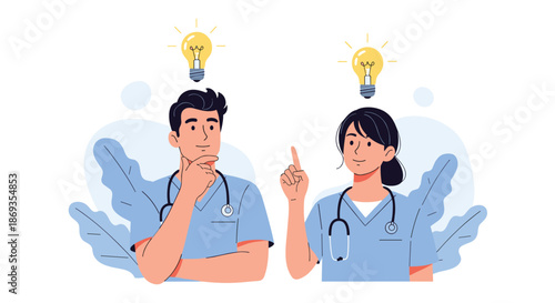 Male and female healthcare professionals in blue scrubs standing together while thinking deeply with bright light bulbs representing ideas.