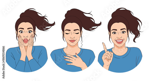 Young woman demonstrating a sequence of three different facial expressions including surprise, calm relaxation, and a bright happy idea.