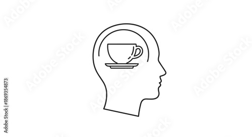 Minimalist outline of a human profile with a coffee cup icon positioned inside the head representing thoughts or need for caffeine.