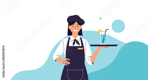 Smiling waitress in a black apron and beret holding a serving tray with a refreshing cold beverage against a blue abstract background.