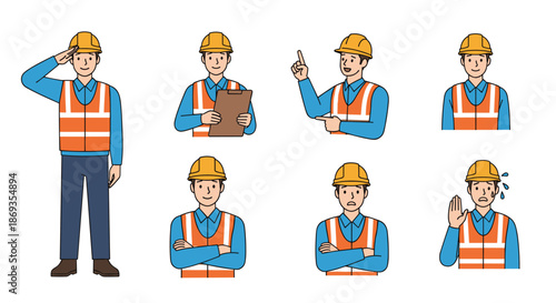 Professional construction worker in a safety helmet and vest shown in a series of eight different poses and emotional expressions.