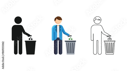 Set of three icons depicting a person throwing trash into a bin in silhouette, color, and outline styles