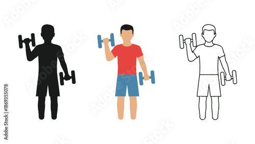 Man performing dumbbell exercises shown in silhouette, flat color, and outline styles