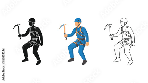 Climber with an ice axe shown in silhouette, color illustration, and outline styles