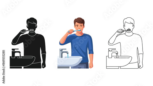 Man brushing teeth at a bathroom sink shown in color, silhouette, and outline styles