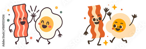 Bacon and egg characters celebrating in a cheerful vector illustration