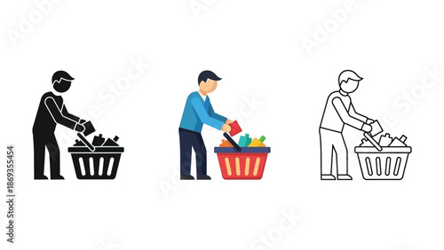 Set of three icons showing a man placing items into a basket or bin in silhouette, color, and outline styles
