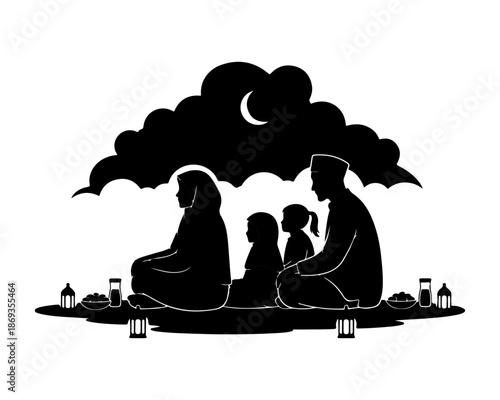 Family silhouette sitting under moonlit clouds isolated on transparent background