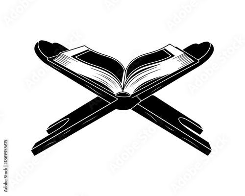 Black and white illustration of open book on crossed lectern, isolated on transparent background