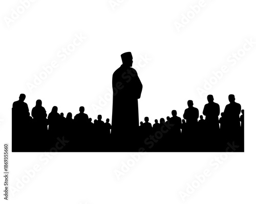 Black silhouette of a man standing in front of a crowd on a transparent background, isolated figure speaking to an audience isolated on transparent background