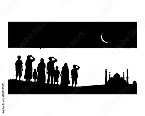 Silhouette of family and mosque at night with crescent moon, isolated on transparent background