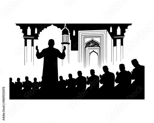 Black silhouette of a man giving a lecture in a mosque, isolated on transparent background