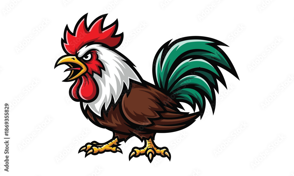 Fototapeta premium Angry rooster with red comb and green tail feathers