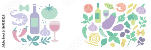 Colorful vector illustration of fresh food and wine for dining