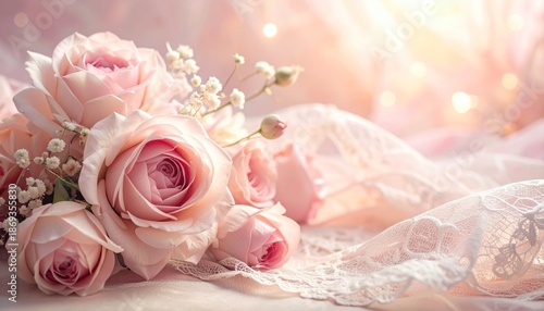 Elegant Pink Roses on Lace Fabric with Soft Lighting.