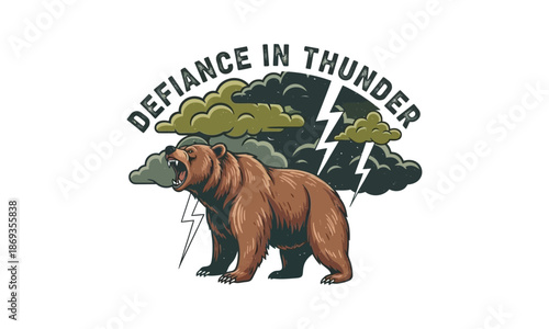 Angry roaring bear against stormy clouds and lightning defiance thunder