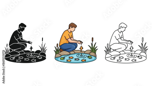 Young male figure kneeling by a pond and feeding fish shown in silhouette, color, and outline styles