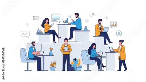 People working together on various tasks in a modern office environment from an aerial viewpoint