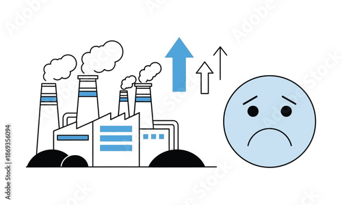 Factory pollution emission increasing with sad face icon environmental problem