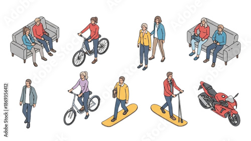 Illustrations of people engaging in various transportation activities in a urban environment
