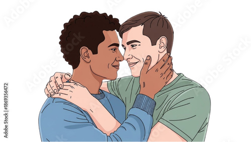 Two men sharing a tender moment, embracing and touching each other's faces with affection