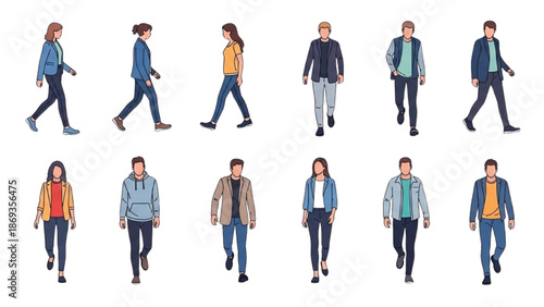 Diverse group of people walking in different directions on a plain white background