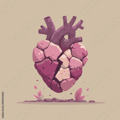 Anatomical heart with cracked surface and falling fragments symbolizing emotional breakdown and inner struggle