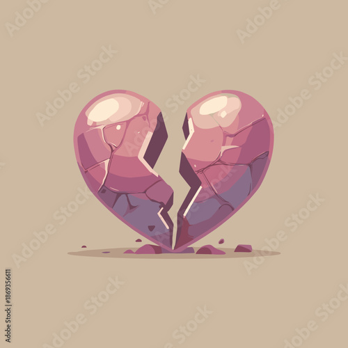 Broken heart icon split into two halves representing heartbreak separation and lost love on minimal background