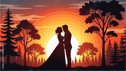Couple embracing in a serene forest landscape during a vibrant sunset