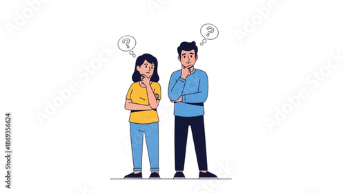 Two individuals standing together, deep in thought, with question marks above their heads, in a simple illustration style.